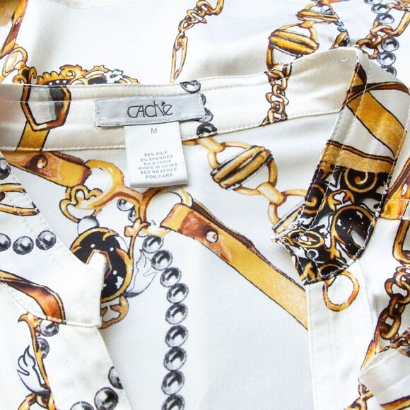 Cache Vgt Y2K 90s Button Up Equestrian Scarf Western Silk Shirt V-Neck Size M - Picture 6 of 9